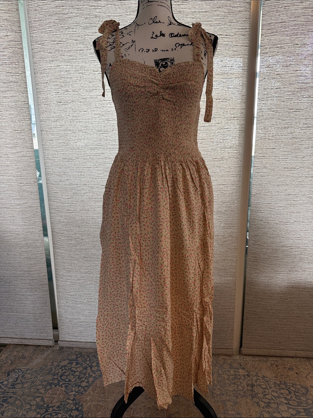 Heyson Smocked Tie-Shoulder Maxi Dress in Light Tan Floral